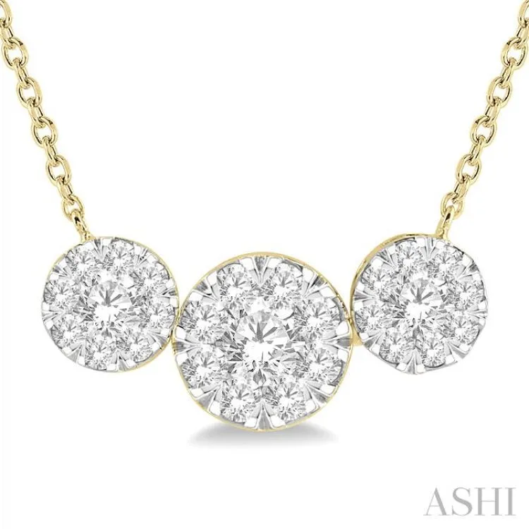 1 Ctw 3-Stone Lovebright Round Cut Diamond Necklace in 14K Yellow and White Gold