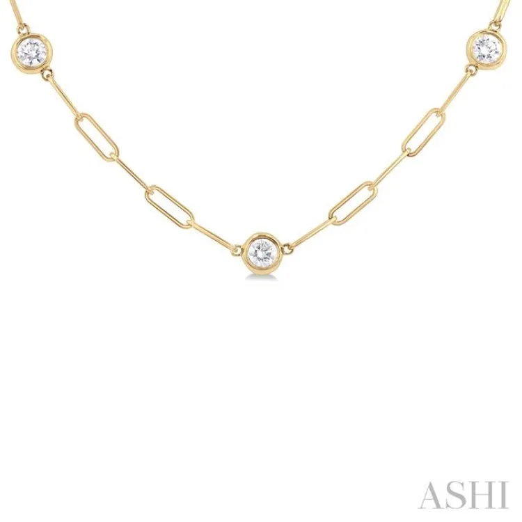 1 ctw Bezel Set Round Cut Diamond Paper Clip Station Necklace in 14K Yellow Gold