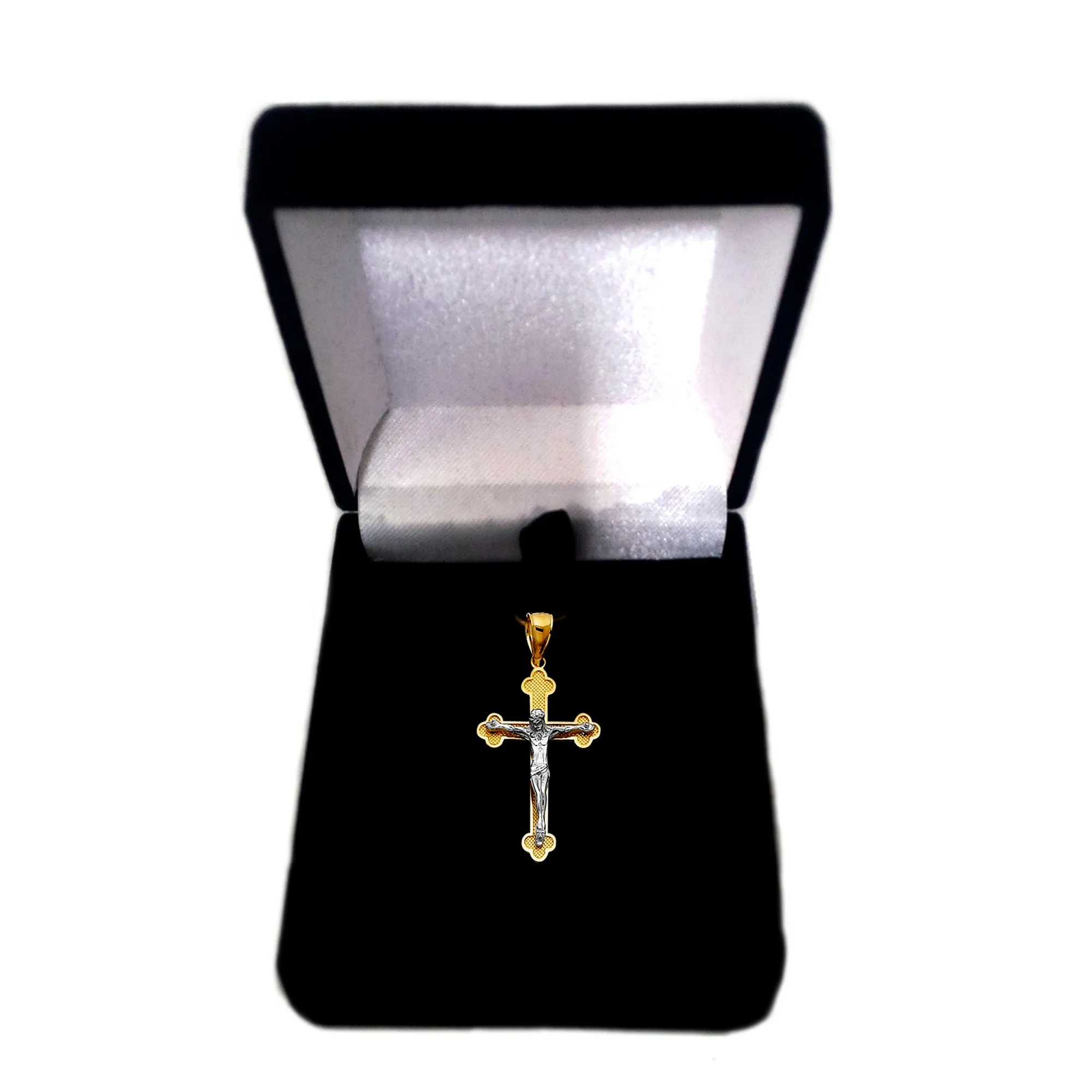 14k 2 Tone Gold Textured Finish Clover Tips Crucifix Pendant