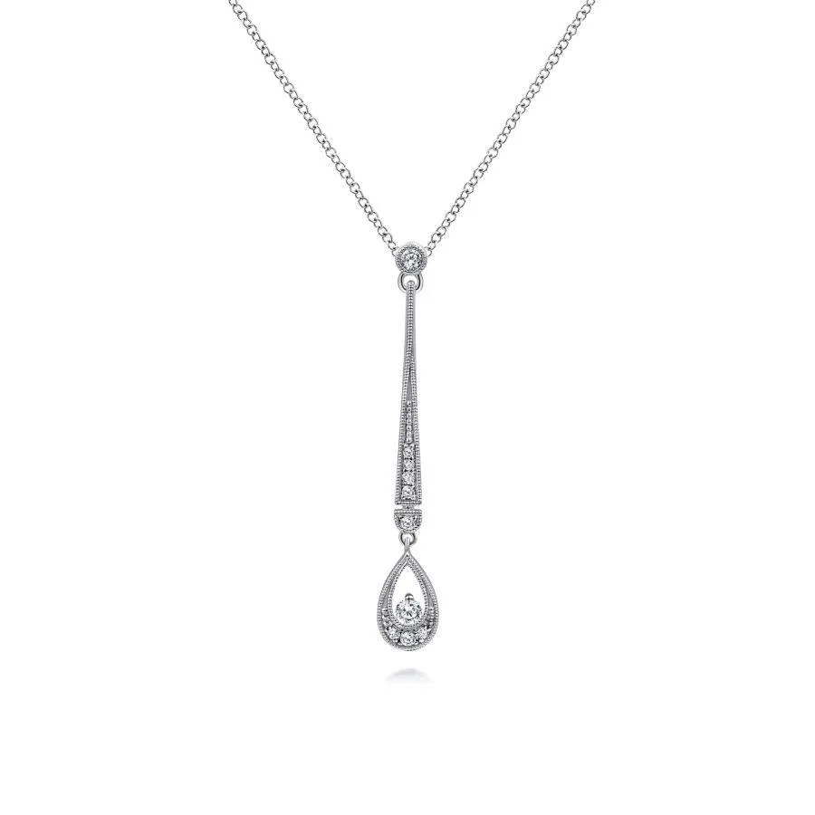 14K White Gold Diamond Bar and Teardrop Necklace