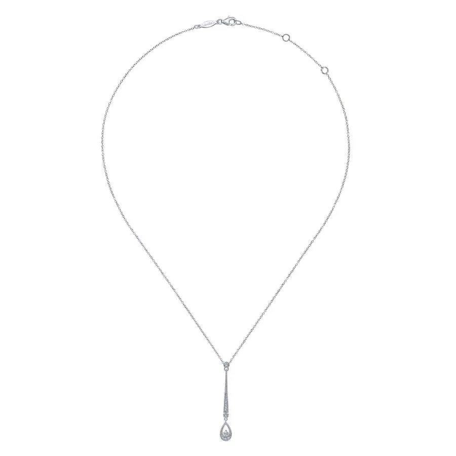 14K White Gold Diamond Bar and Teardrop Necklace