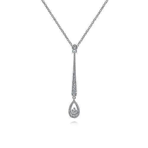 14K White Gold Diamond Bar and Teardrop Necklace