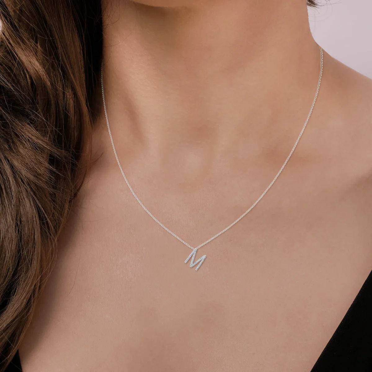 1/5 Carat Tw M Initial Diamond Pendant Necklace In 10K White Gold With Adjustable Chain