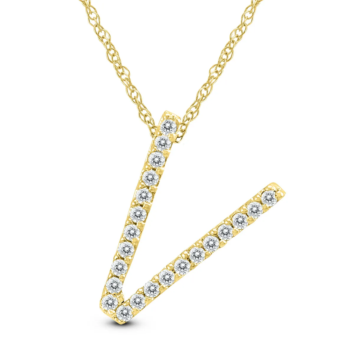 1/8 Carat Tw V Initial Diamond Pendant Necklace In 10K Yellow Gold With Adjustable Chain