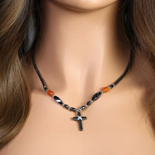 18" Small Cross w/ Carnelian Beads Hematite Necklace