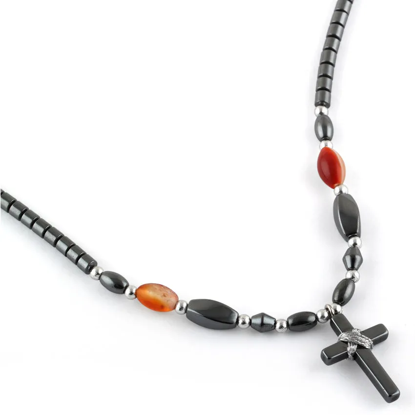 18" Small Cross w/ Carnelian Beads Hematite Necklace