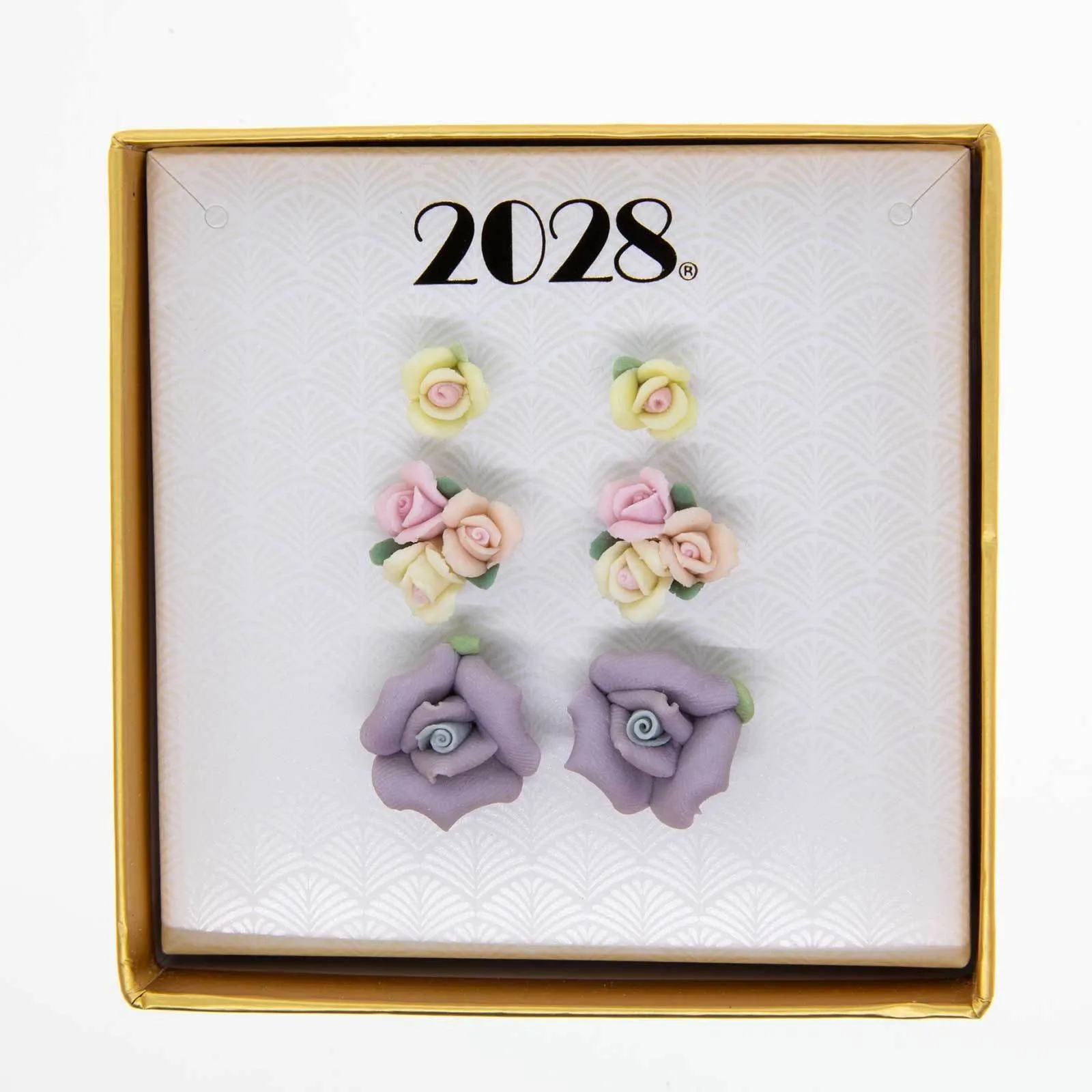 1928 Jewelry 3Pc Multi Color Porcelain Rose In A Box Earring Set