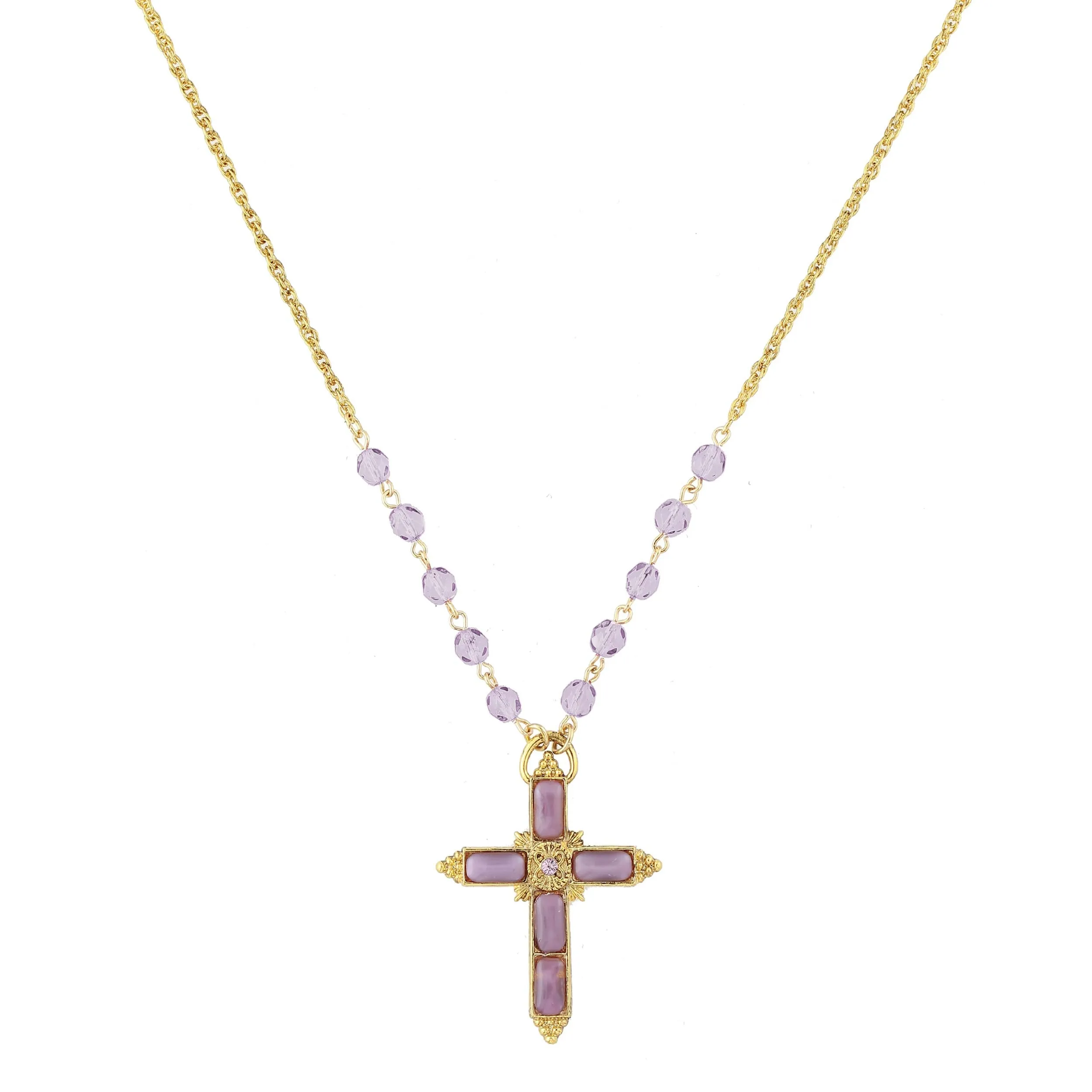 1928 Jewelry Amethyst Moonstone Cross Pendant & Tanzanite Glass Bead Necklace 28"