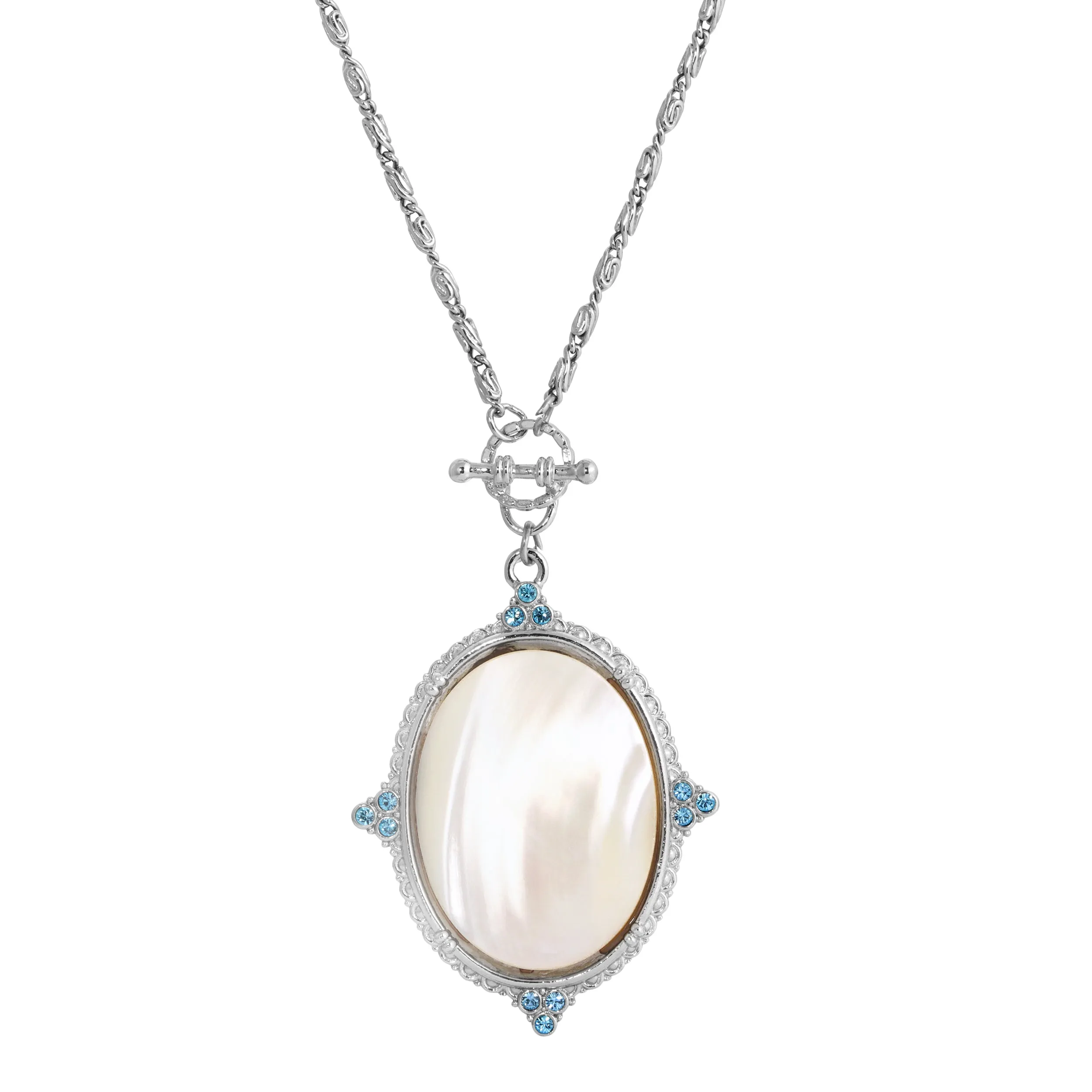 1928 Jewelry Aquamarine Crystal Mother Of Pearl Oval Pendant Toggle Necklace 30"