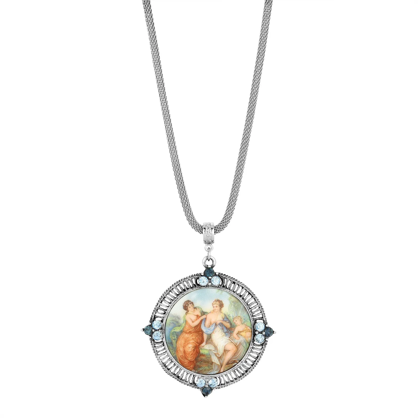 1928 Jewelry Elegantly Blue Crystal and Rubenesque Glass Pendant with 25-inch Mesh Necklace