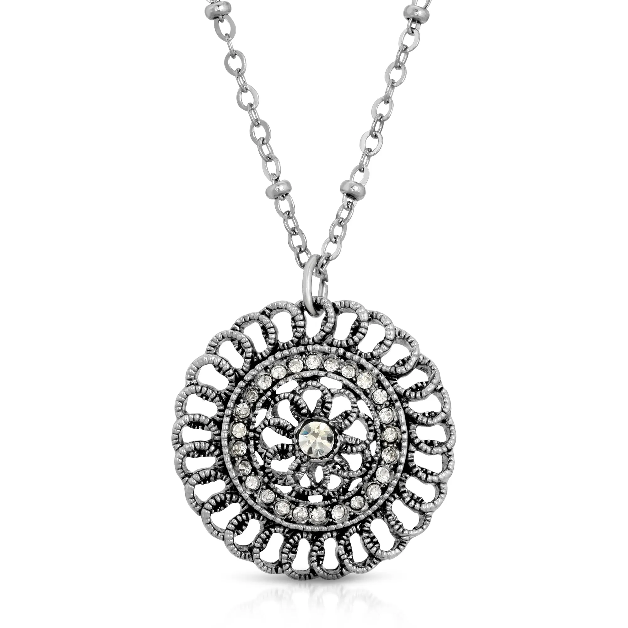 Floral Crystal Pendant Necklace by 1928 Jewelry - 16 Chain with 3 Extender, Clear Round Crystal