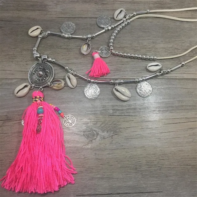 2017 Double Layer Bohemian Long String Chain Necklace Shell Bead Alloy Tassel Pendants Necklace For Women Boho Jewelry