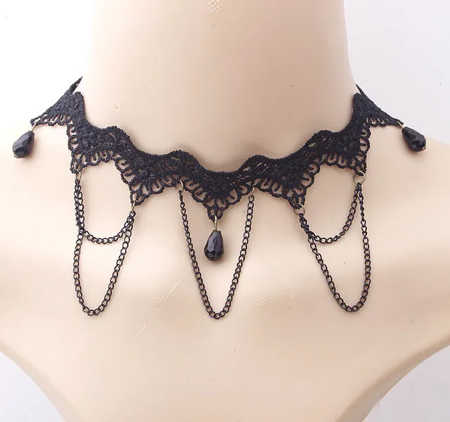 2017 fashion Gothic Victorian Crystal Tassel Tattoo Choker Necklace Black Lace Collar Vintage Women Wedding Jewelry