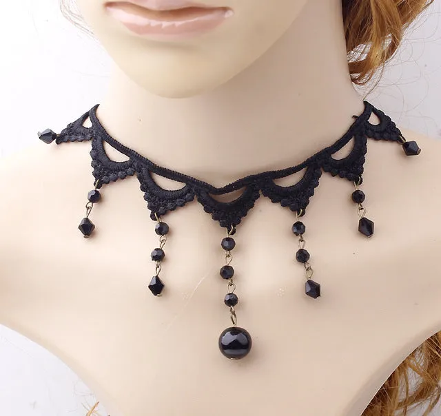 2017 fashion Gothic Victorian Crystal Tassel Tattoo Choker Necklace Black Lace Collar Vintage Women Wedding Jewelry