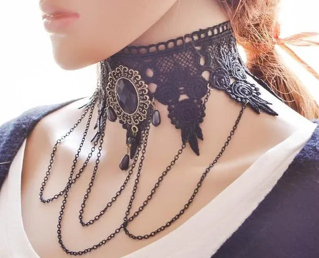 2017 fashion Gothic Victorian Crystal Tassel Tattoo Choker Necklace Black Lace Collar Vintage Women Wedding Jewelry