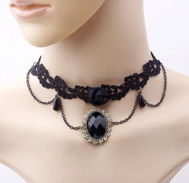 2017 fashion Gothic Victorian Crystal Tassel Tattoo Choker Necklace Black Lace Collar Vintage Women Wedding Jewelry