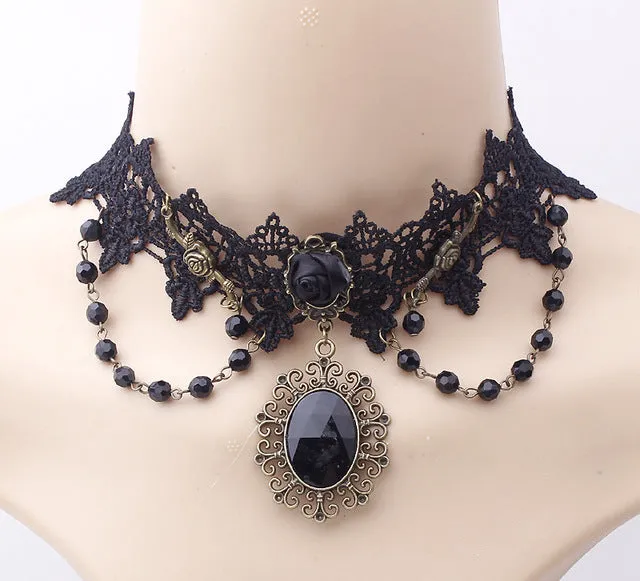 2017 fashion Gothic Victorian Crystal Tassel Tattoo Choker Necklace Black Lace Collar Vintage Women Wedding Jewelry