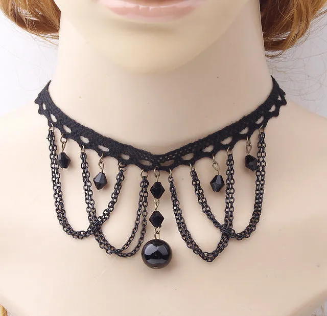 2017 fashion Gothic Victorian Crystal Tassel Tattoo Choker Necklace Black Lace Collar Vintage Women Wedding Jewelry