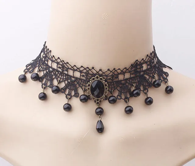 2017 fashion Gothic Victorian Crystal Tassel Tattoo Choker Necklace Black Lace Collar Vintage Women Wedding Jewelry