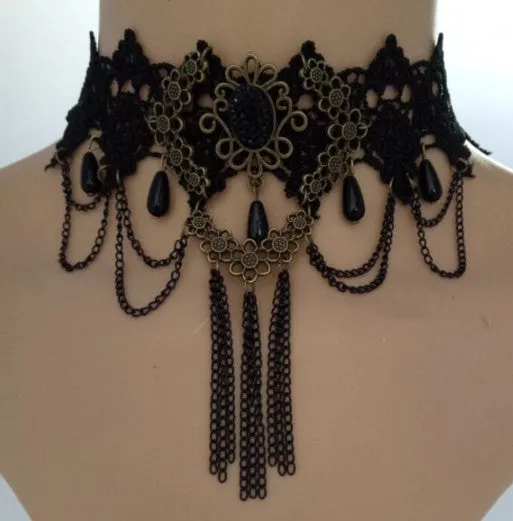 2017 fashion Gothic Victorian Crystal Tassel Tattoo Choker Necklace Black Lace Collar Vintage Women Wedding Jewelry