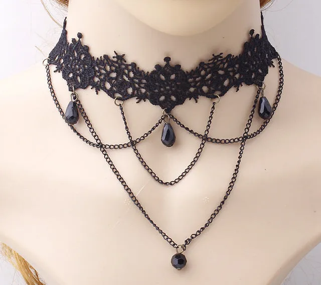 2017 fashion Gothic Victorian Crystal Tassel Tattoo Choker Necklace Black Lace Collar Vintage Women Wedding Jewelry