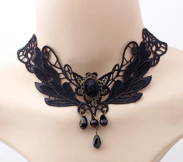 2017 fashion Gothic Victorian Crystal Tassel Tattoo Choker Necklace Black Lace Collar Vintage Women Wedding Jewelry