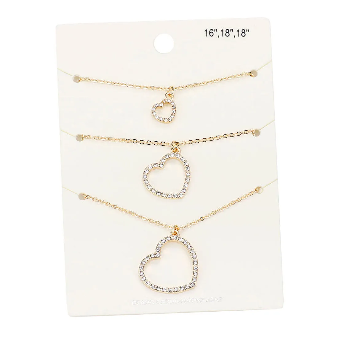 3PCS Rhinestone Embellished Open Heart Pendant Necklaces