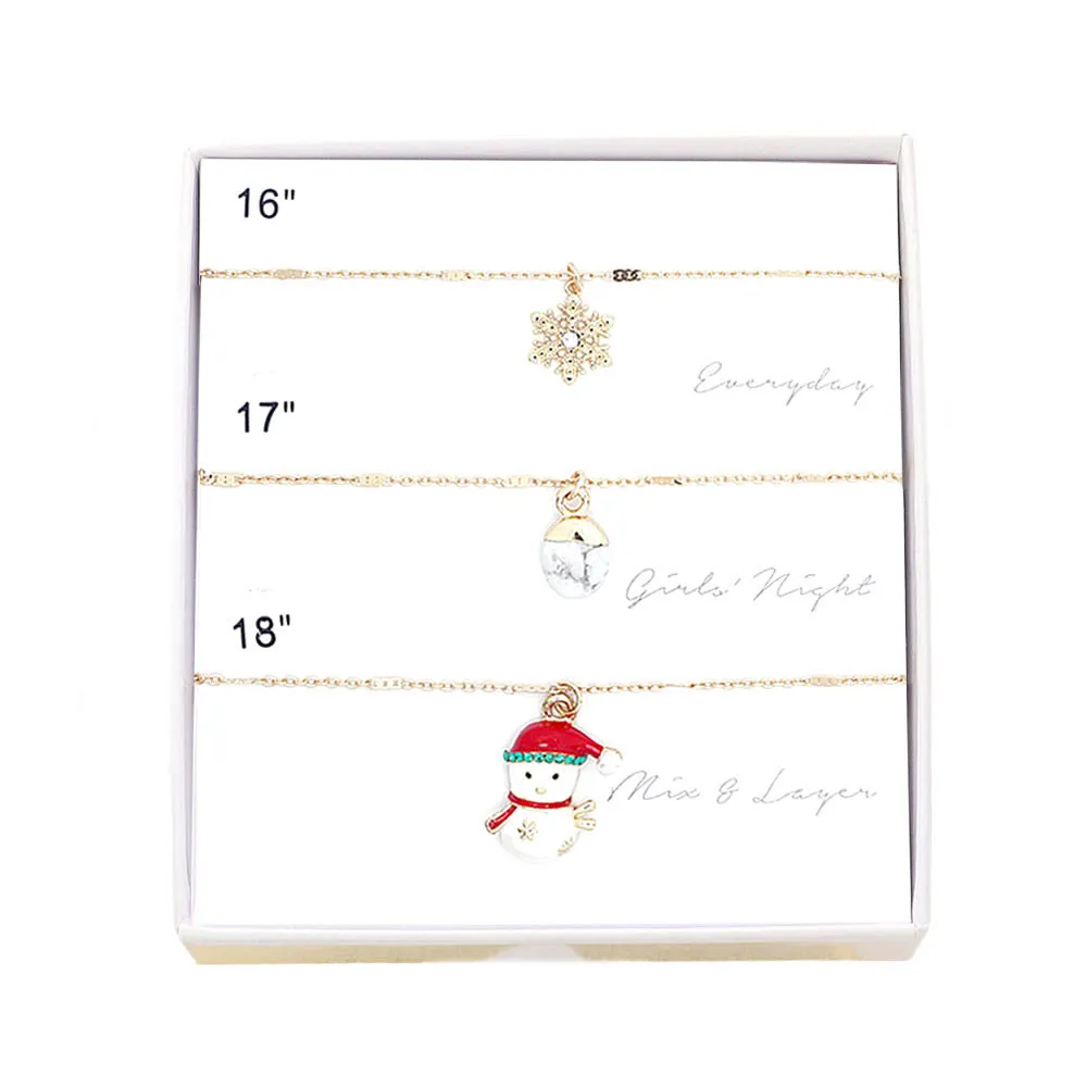 3PCS Snowflake Natural Stone Snowman Pendant Necklaces