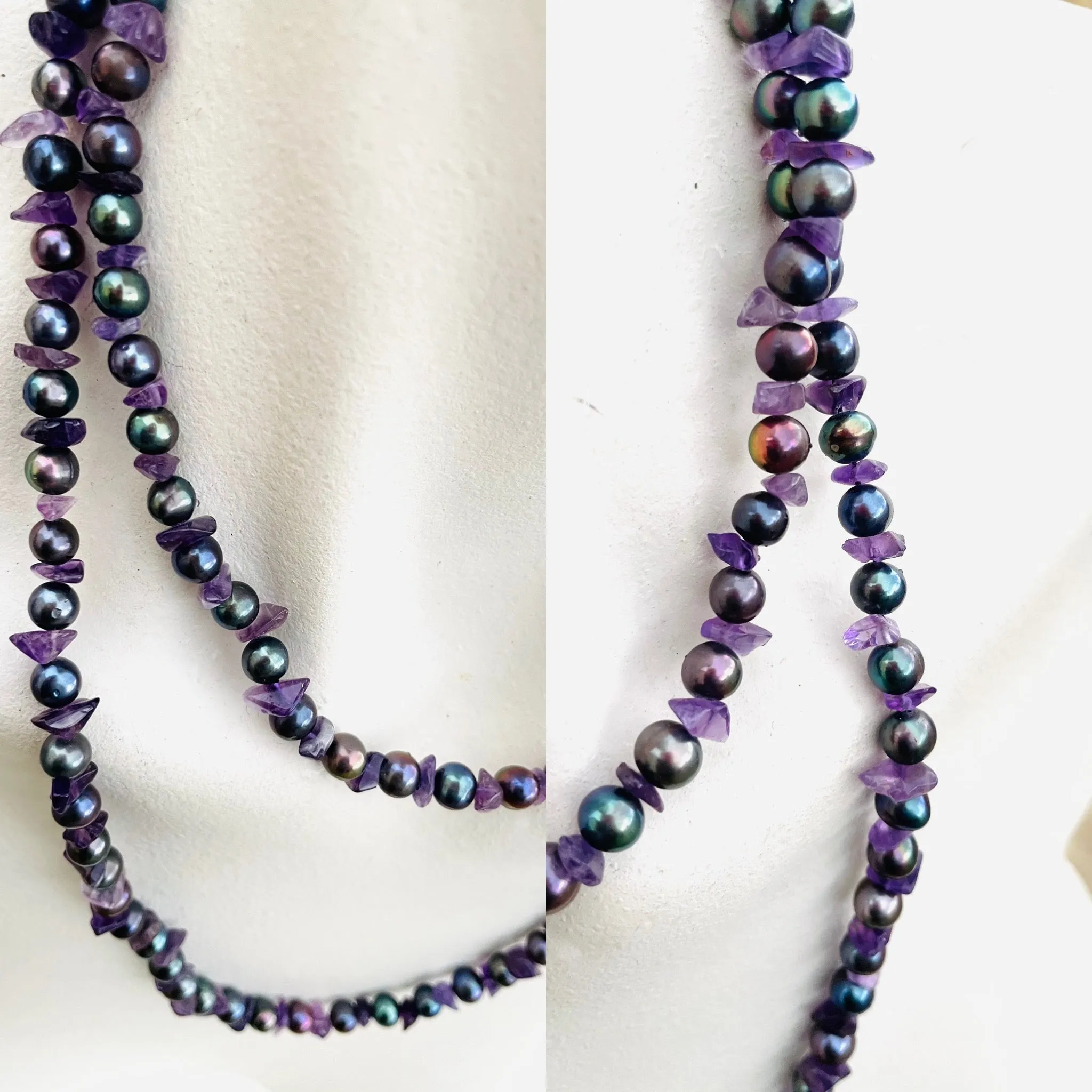 Artisan Amethyst Stone Abalone Faux Pearl Metallic Bead Layered Long Necklace