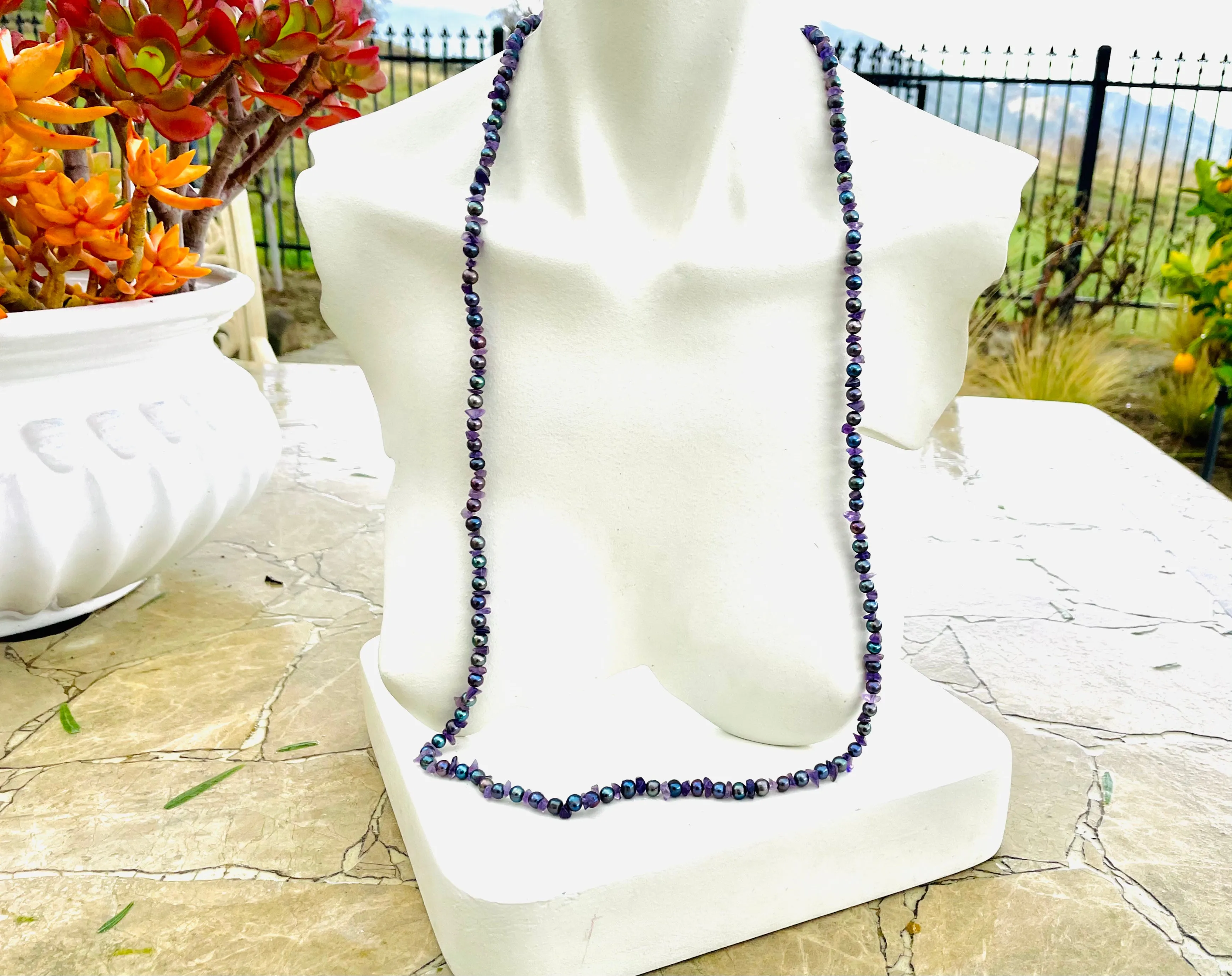 Artisan Amethyst Stone Abalone Faux Pearl Metallic Bead Layered Long Necklace