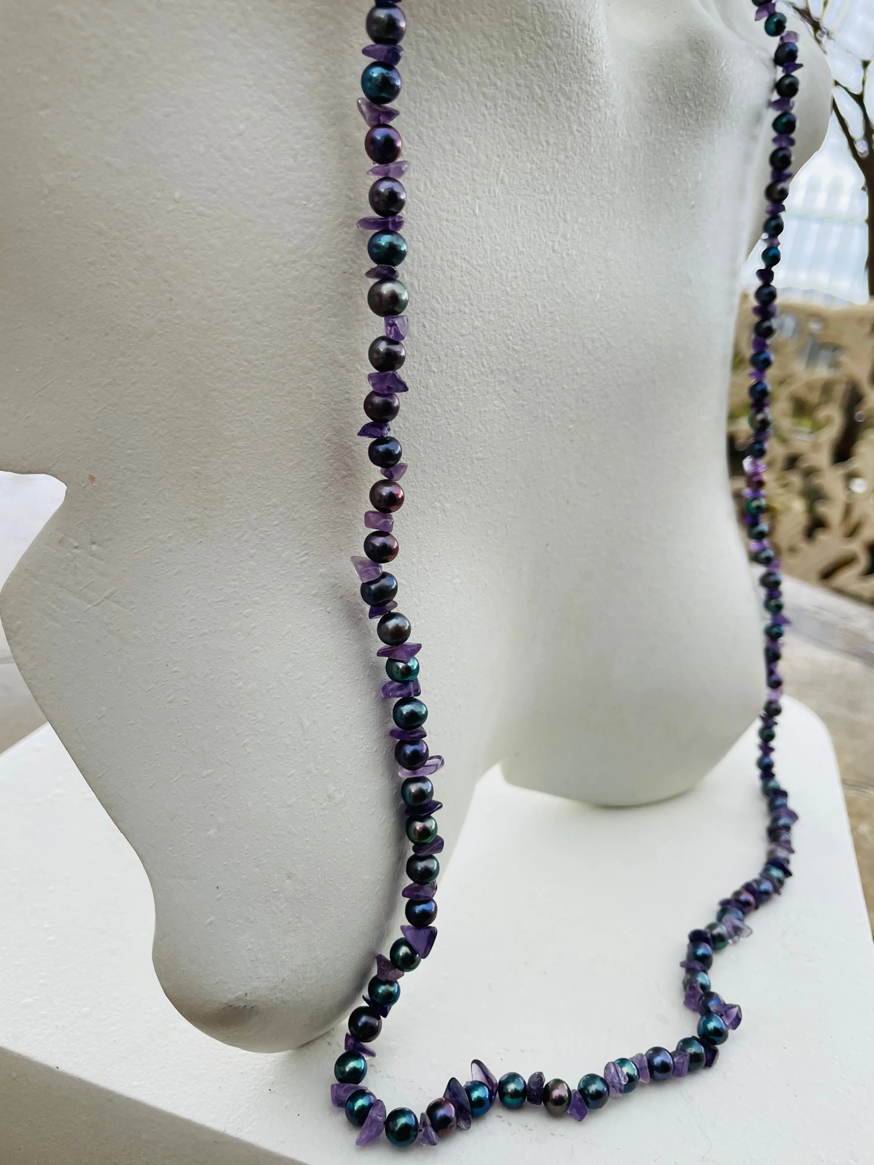 Artisan Amethyst Stone Abalone Faux Pearl Metallic Bead Layered Long Necklace