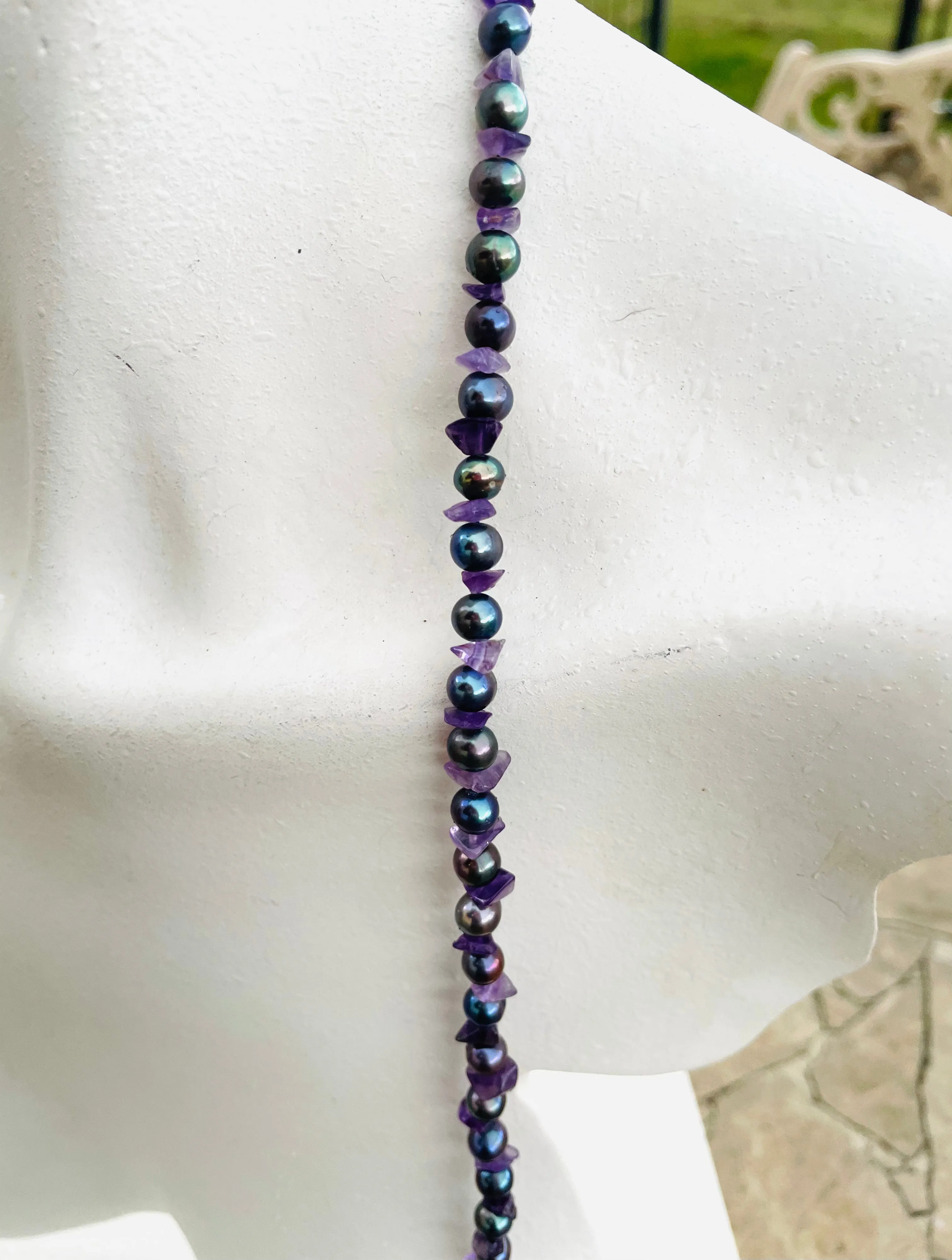 Artisan Amethyst Stone Abalone Faux Pearl Metallic Bead Layered Long Necklace