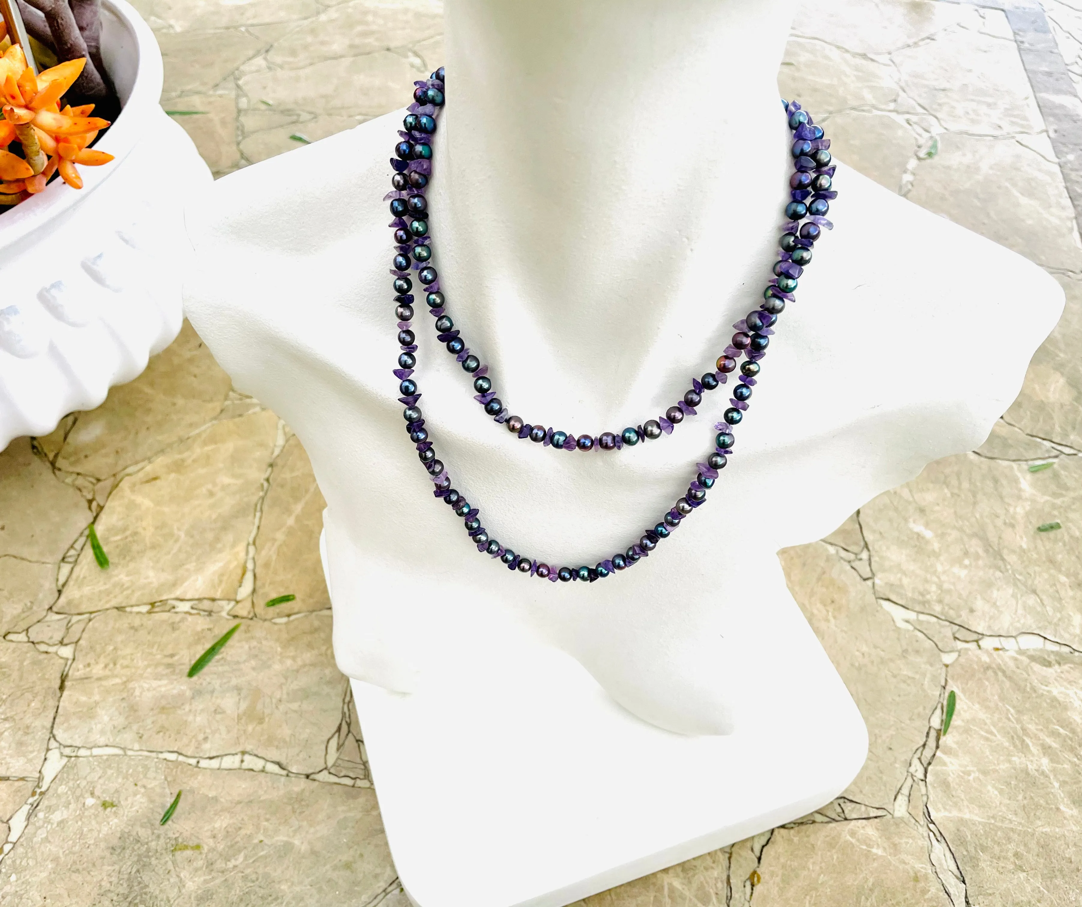 Artisan Amethyst Stone Abalone Faux Pearl Metallic Bead Layered Long Necklace