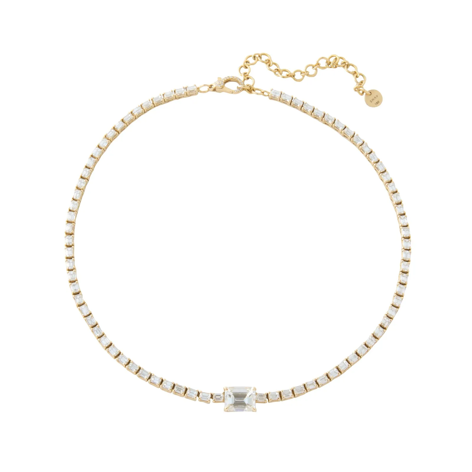 Baguette Diamond Tennis Necklace with Emerald Cut Diamond Center