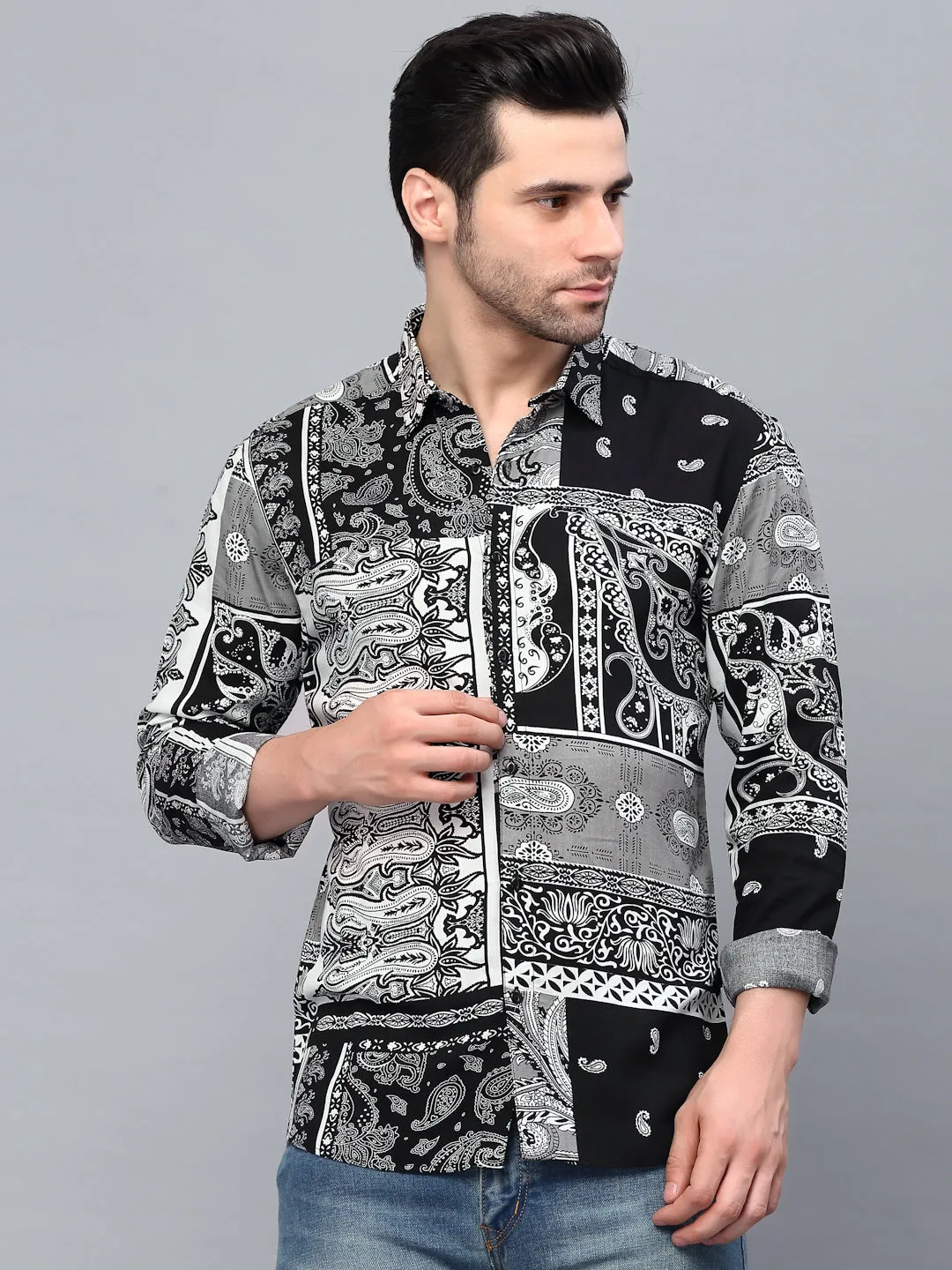 Black Paisley Printed Cut Away Collar Full Sleeve Shirt