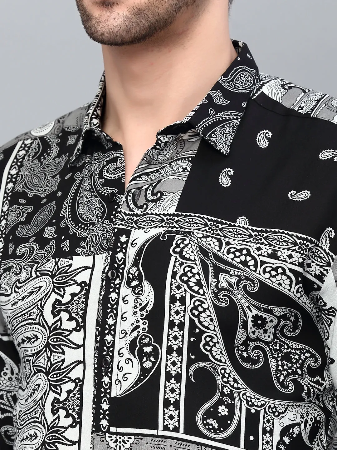 Black Paisley Printed Cut Away Collar Full Sleeve Shirt