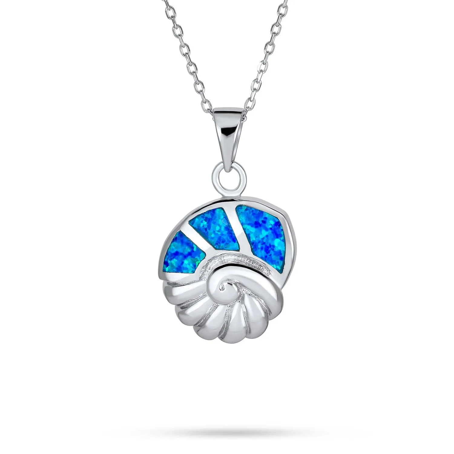 Blue Created Opal Conch Sea Shell Necklace Pendant .925 Sterling Silver