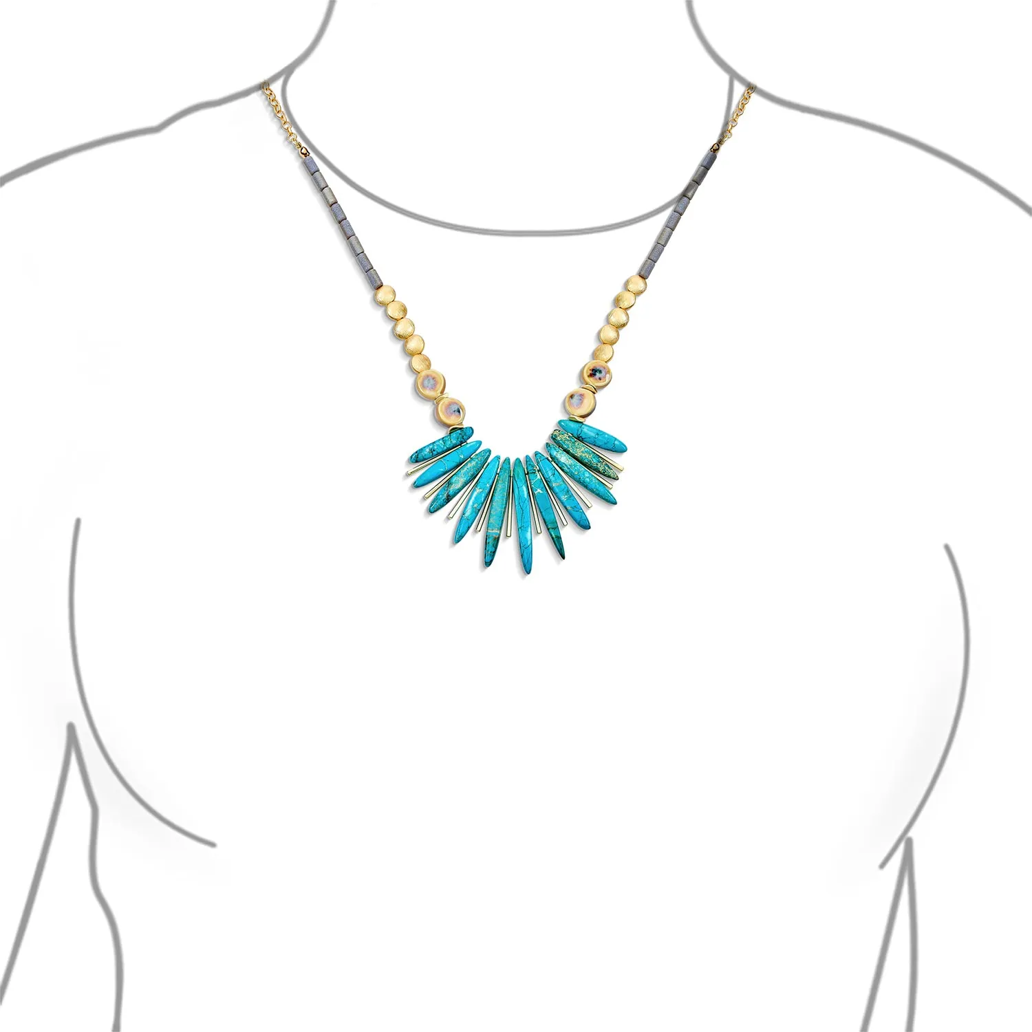 Blue Spike Compress Turquoise Stone Bib Fan Statement Western Necklace