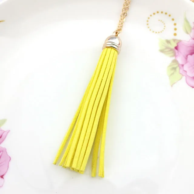 Boho Long Yellow Velvet Tassel Necklace Gold Plating Suede Tassel Pendant Necklace Fashion Women Long Necklace