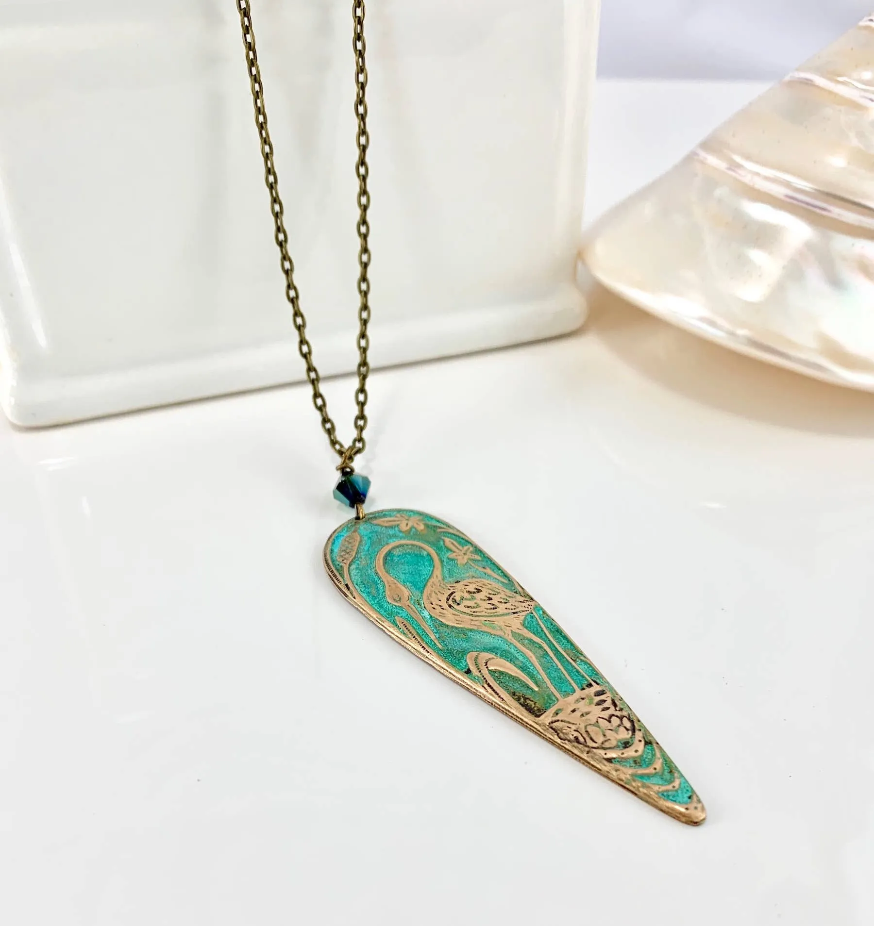 Brass Necklace Blue Heron