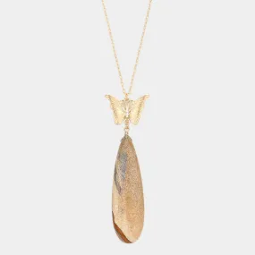 Brown Butterfly Natural Stone Teardrop Link Pendant Long Necklace