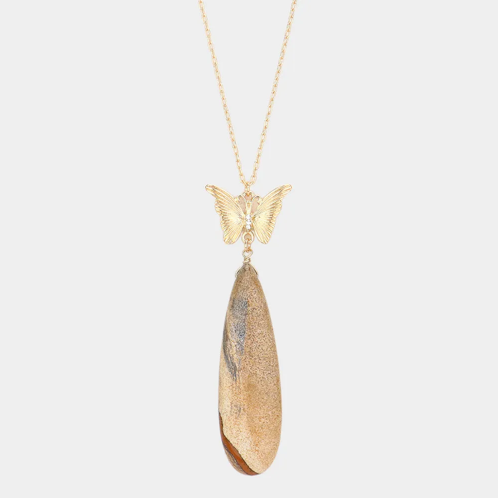 Brown Butterfly Natural Stone Teardrop Link Pendant Long Necklace