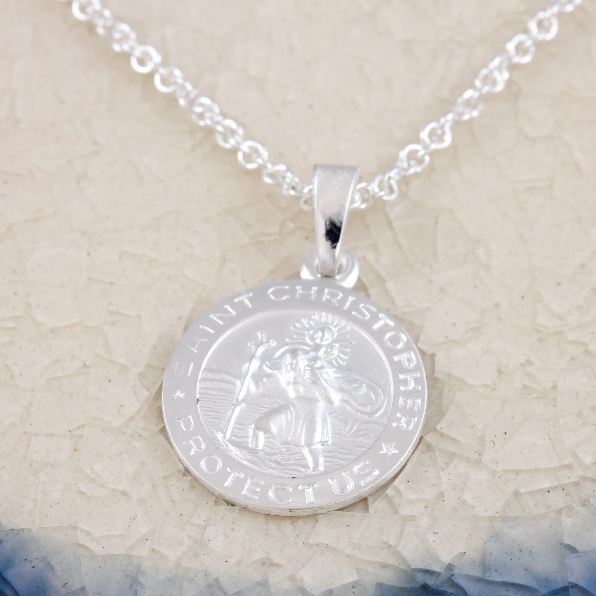 Brushed Silver Small St Christopher Personalised Silver Necklace