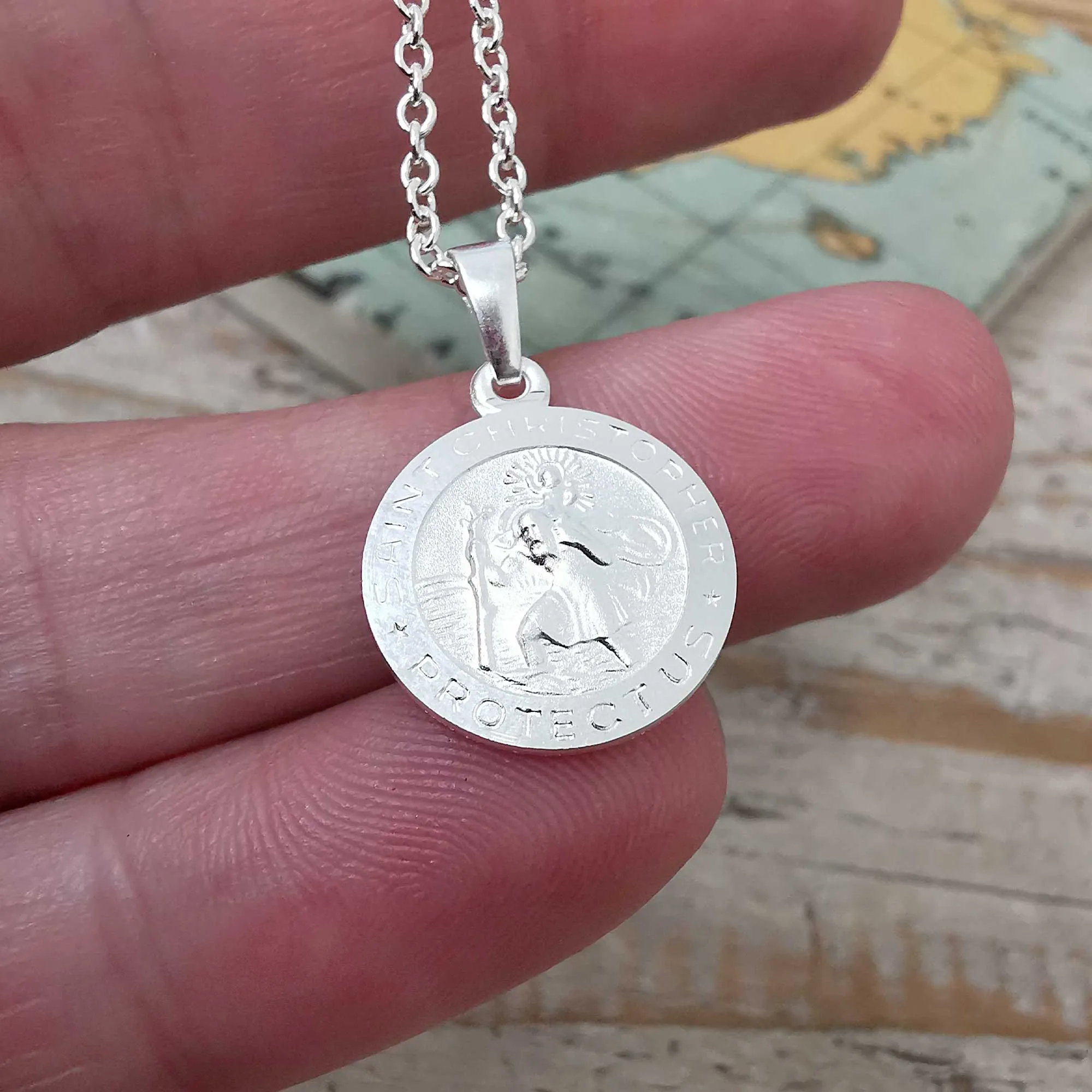 Brushed Silver Small St Christopher Personalised Silver Necklace