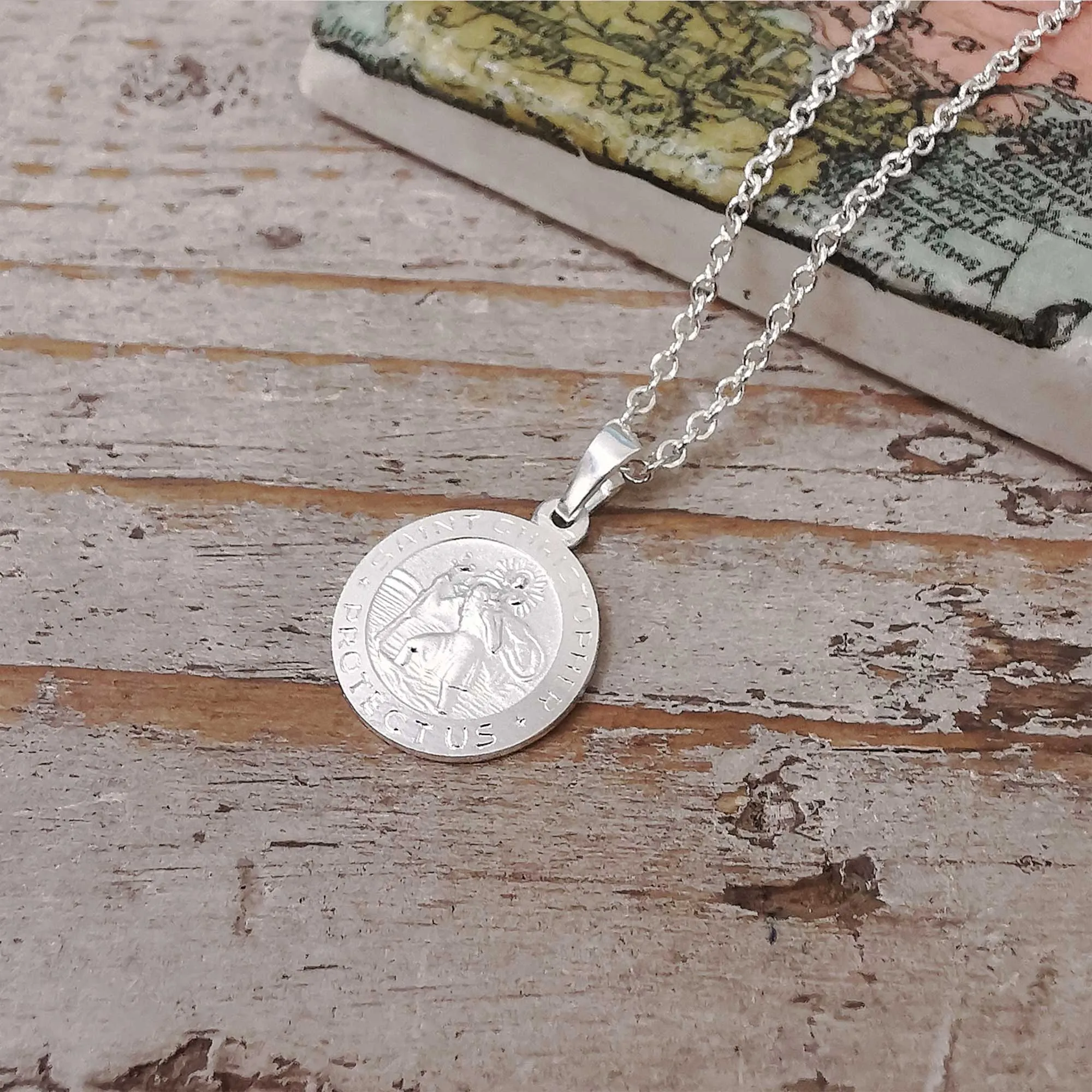 Brushed Silver Small St Christopher Personalised Silver Necklace