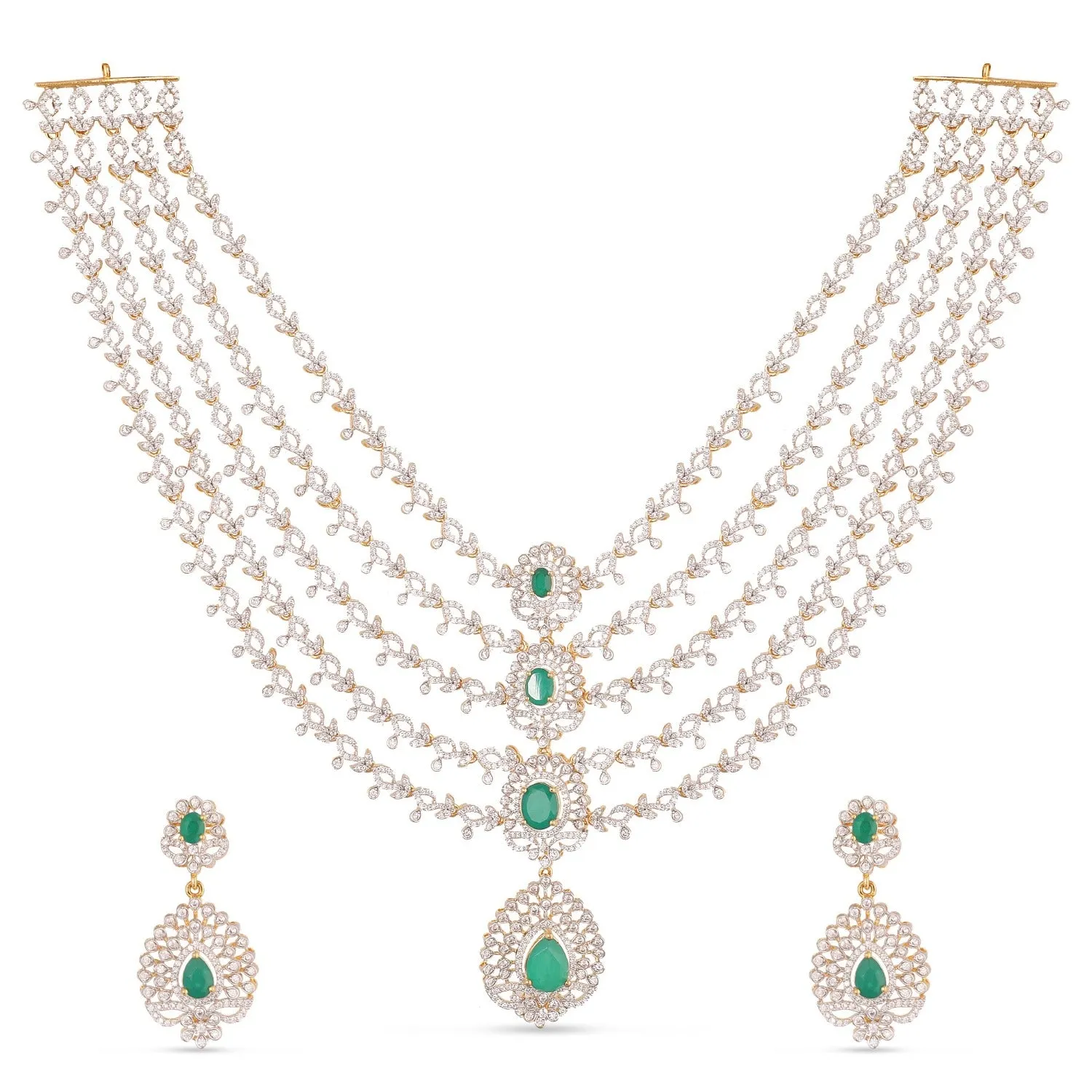 Cascading Green Stone Silver CZ Necklace Set