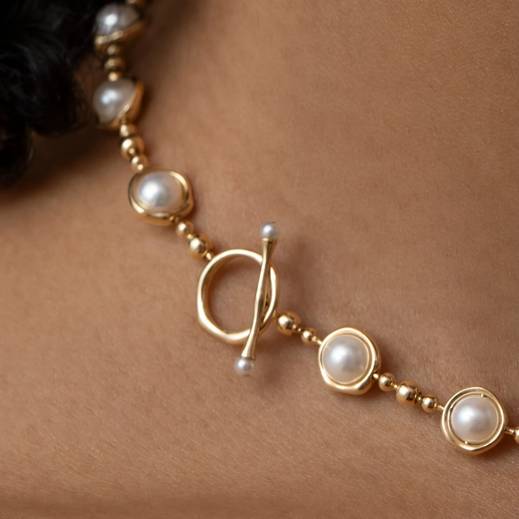 Celestial Pearl & Gold Bead Toggle Necklace