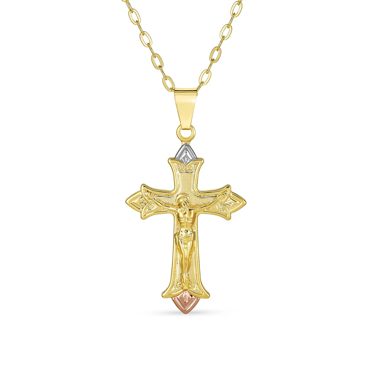 Christian Religious Jesus Crucifix Cross Pendant Necklace 2 Tone Gold Plated