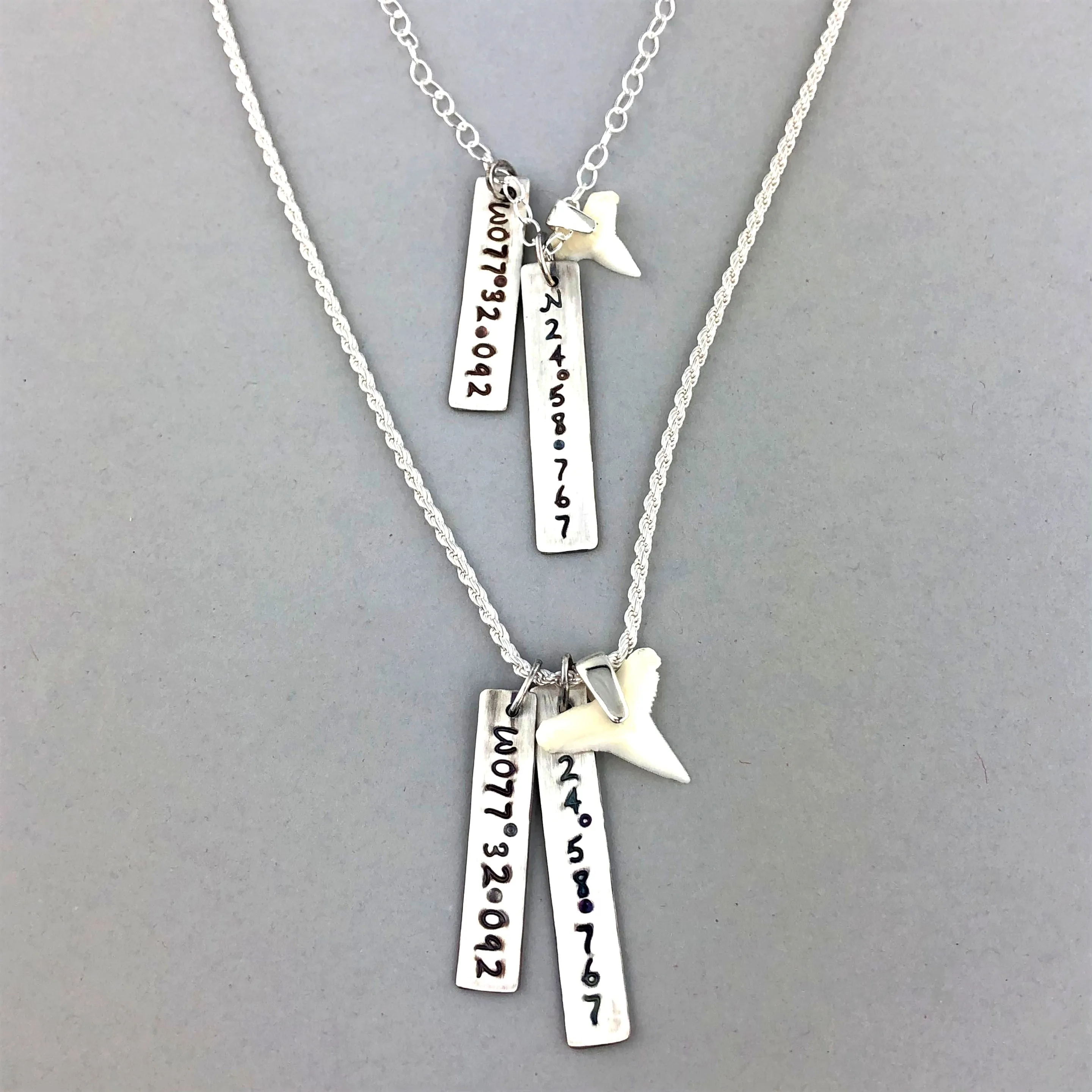 Custom Sharks Teeth Necklaces with Monogramming and Anniversary Dates in Sterling Silver and Leather