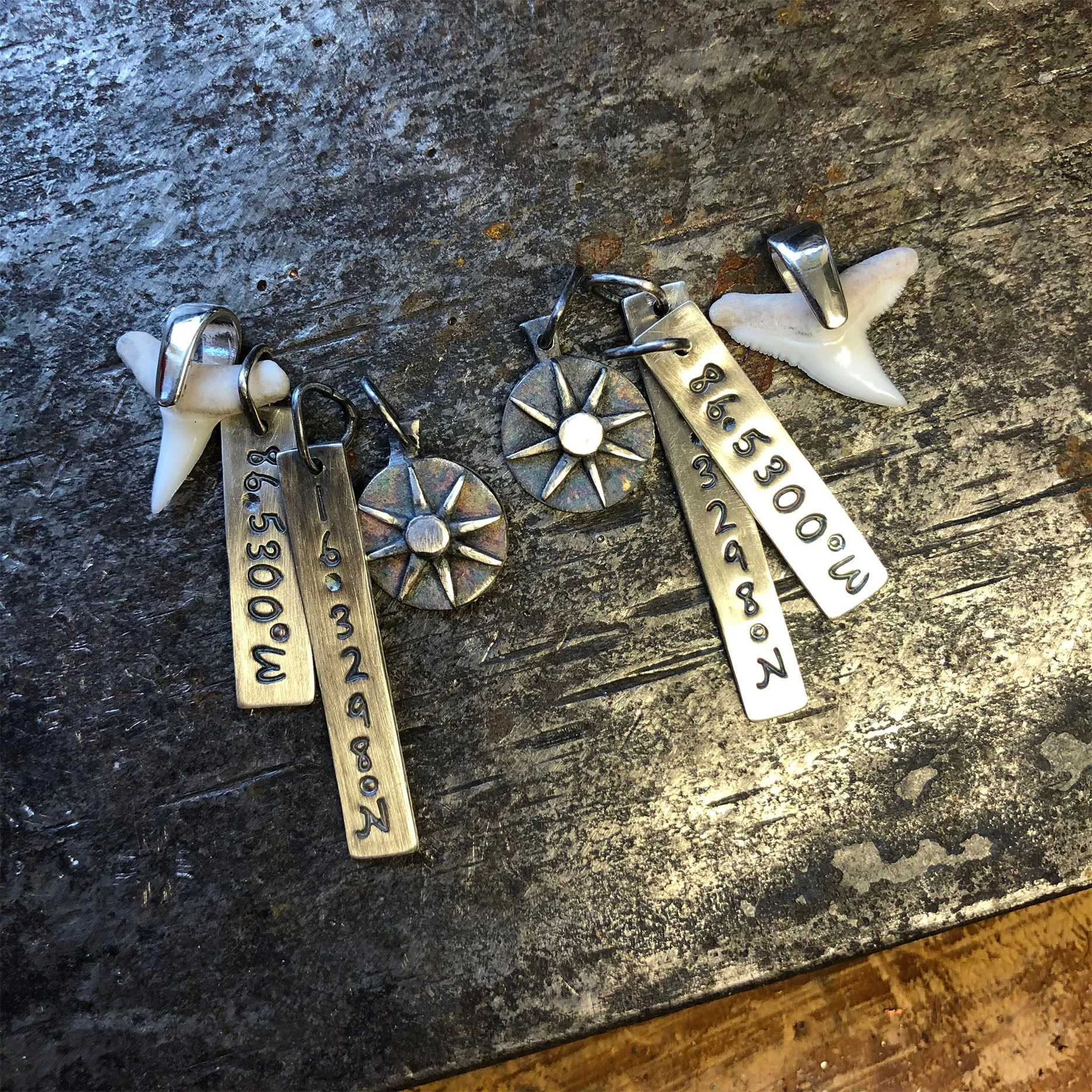 Custom Sharks Teeth Necklaces with Monogramming and Anniversary Dates in Sterling Silver and Leather